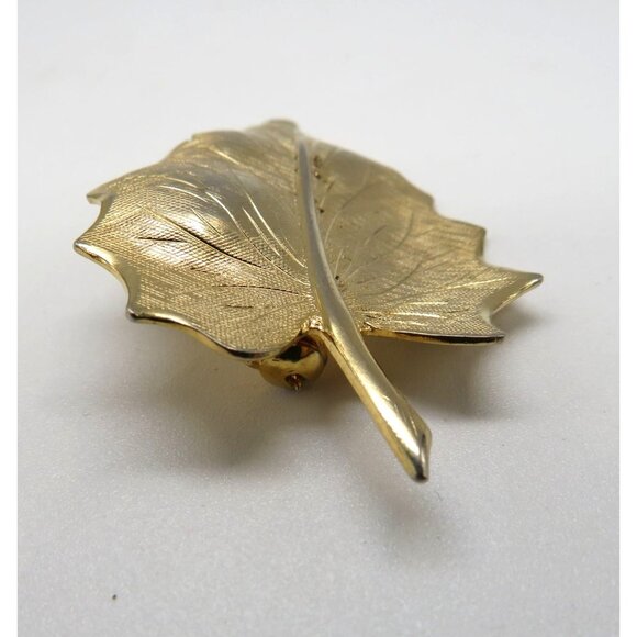 Vintage Leaf Brooch 2" Gold Tone Pin Realistic Stem Veins Autumn - Picture 7 of 11